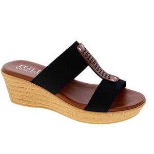 Italian H Strap Cork Wedge Sandals Black